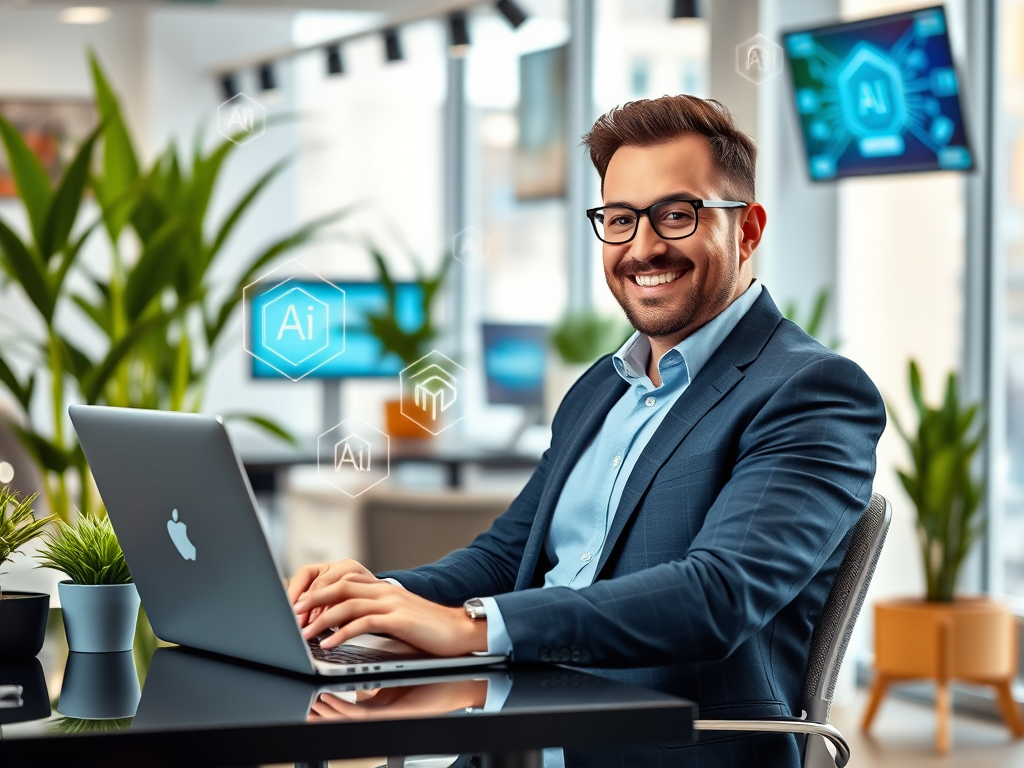 "A confident entrepreneur" "using a sleek laptop" "surrounded by glowing AI icons" "modern office with plants and digital screens" "bright, inspiring atmosphere"