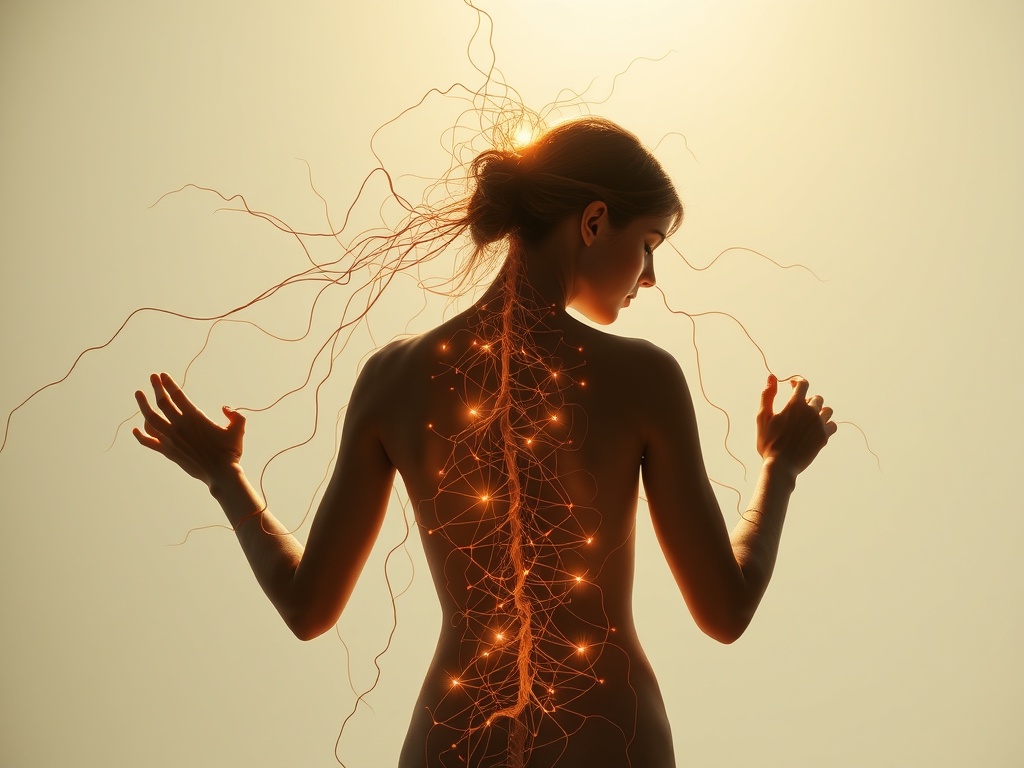 "woman untangling threads" "glowing neural pathways" "hands rewriting script on translucent skin" "stepping into sunlight with firm posture"