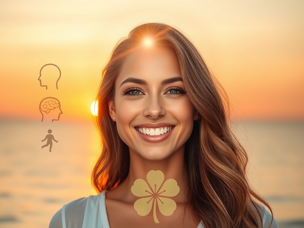 "Radiant woman smiling confidently" "soft golden light halo" "four translucent symbols representing emotional, mental, physical, spiritual" "calm sea background at sunrise" "subtle clover motif" "natural, warm color palette"
