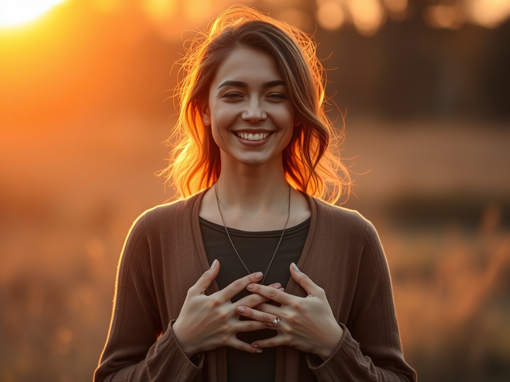 "woman radiating inner strength" "soft golden light halo" "calm confident smile" "hands over heart" "nature background dawn" "warm earthy tones"