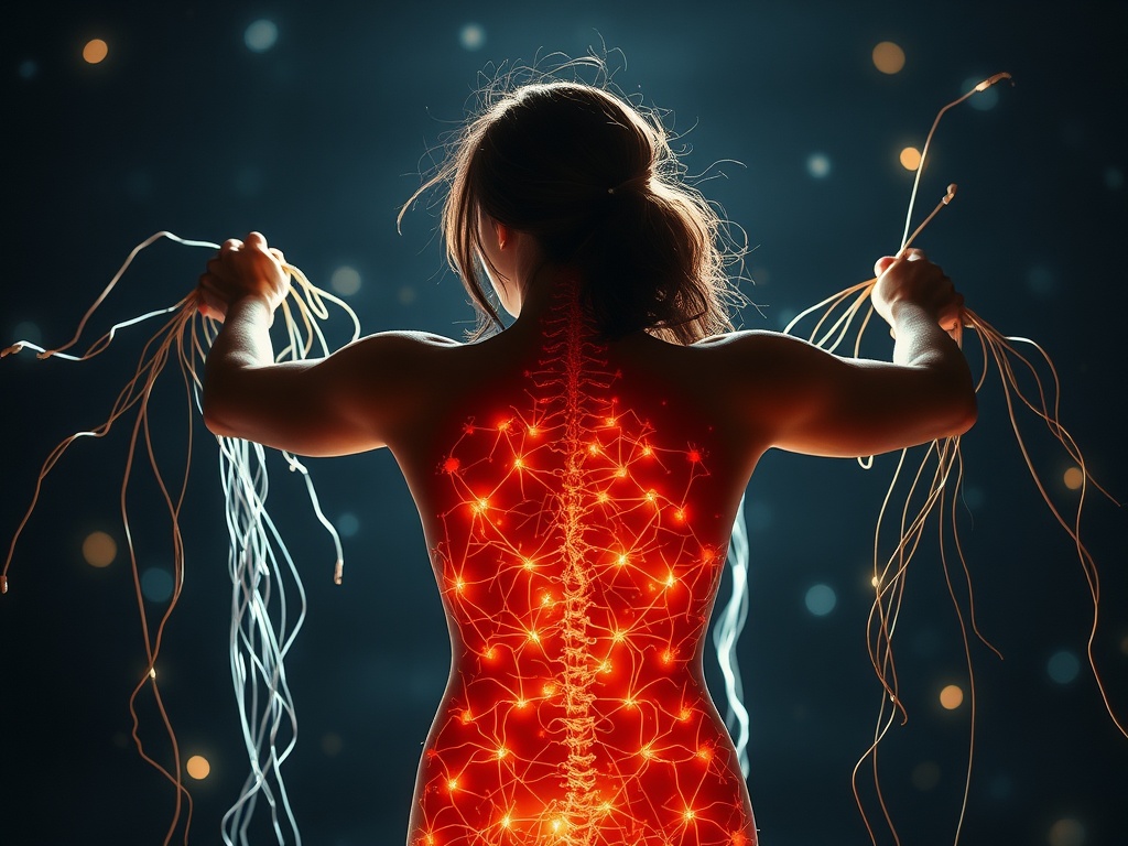 "woman untangling threads" "glowing neural pathways" "hands rewriting script on translucent skin" "stepping into sunlight with firm posture"