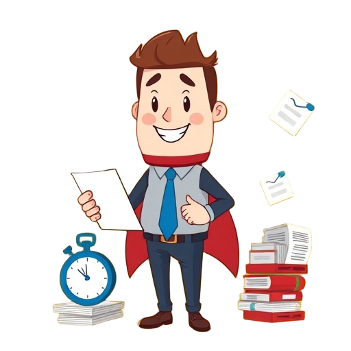 "productive rocket" "bright yellow background" "cartoon businessman" "focused expression" "holding checklist" "sparkles around" "stopwatch ticking" "papers transforming into organized files" "minimal shadow"