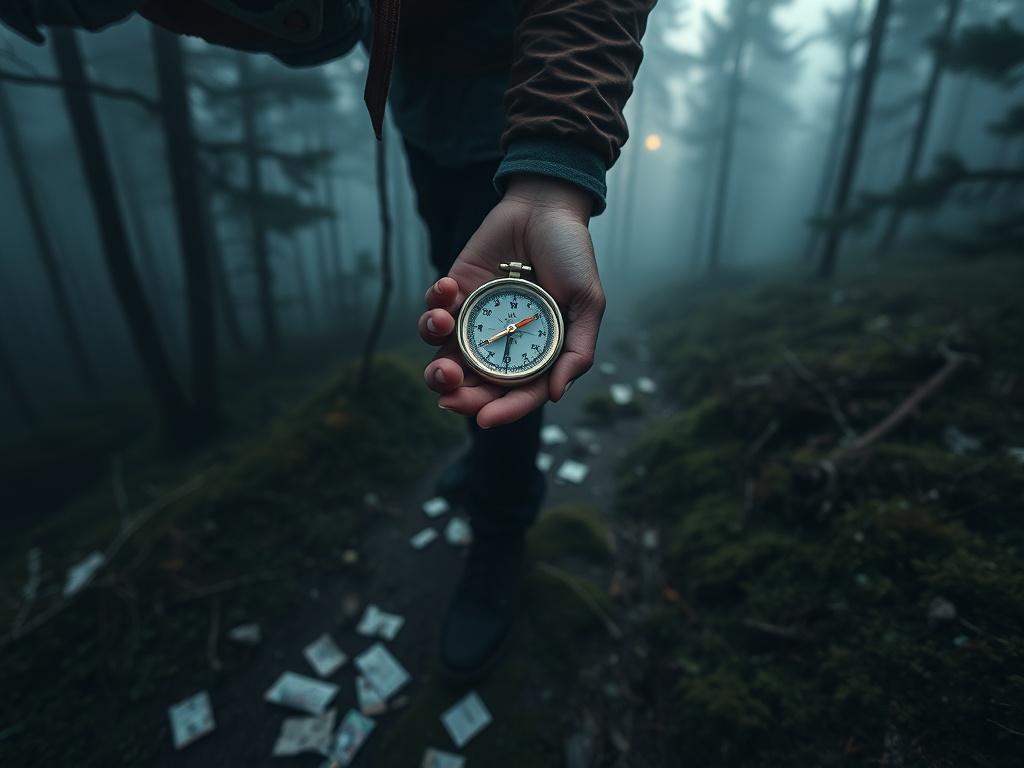 "Lost hiker clutching broken compass" "Foggy pine forest at dawn" "Mossy trail, scattered map pieces" "Cold blue-gray light"