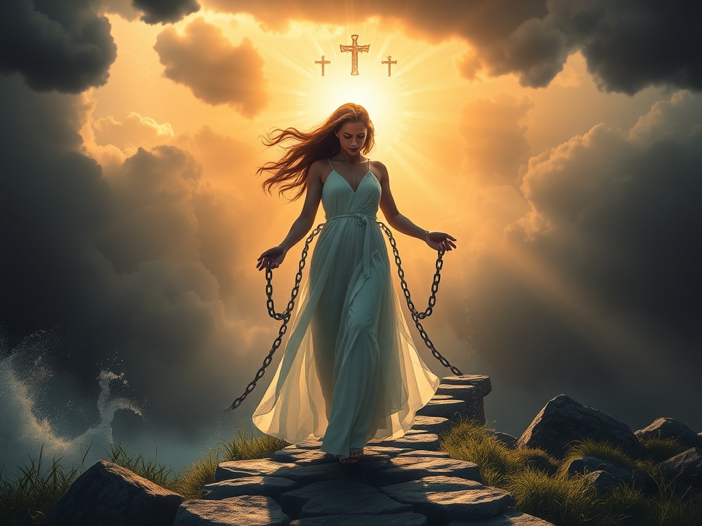 A serene woman stepping from a shadowy storm into a sunlit path, breaking chains, surrounded by healing symbols and gentle nature.