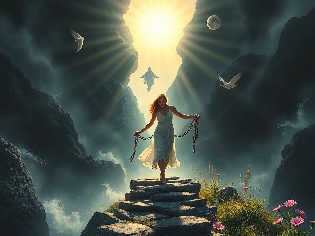 A serene woman stepping from a shadowy storm into a sunlit path, breaking chains, surrounded by healing symbols and gentle nature.