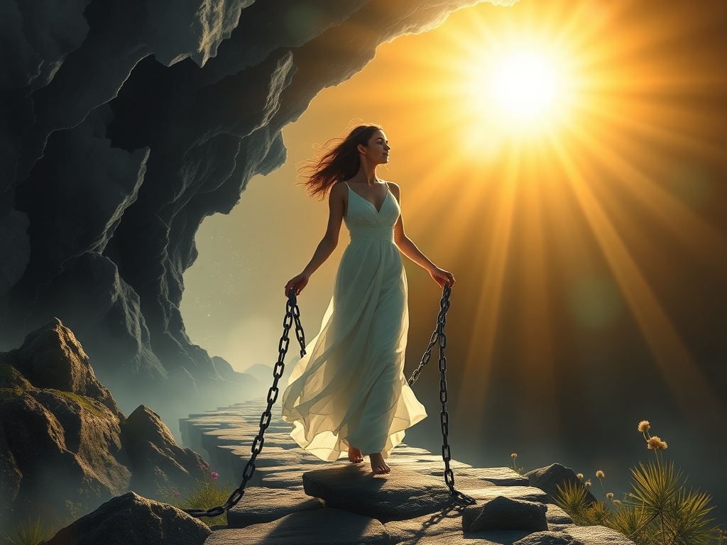 A serene woman stepping from a shadowy storm into a sunlit path, breaking chains, surrounded by healing symbols and gentle nature.