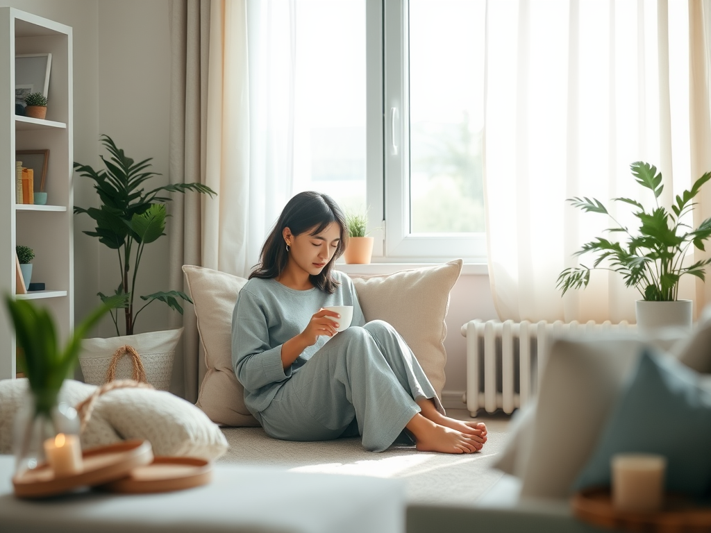 "a calm, warm living room" "a tired mother sitting peacefully with a cup of tea" "soft sunlight through window" "subtle symbols of balance and self-care like plants and candles" "gentle, soothing pastel colors"