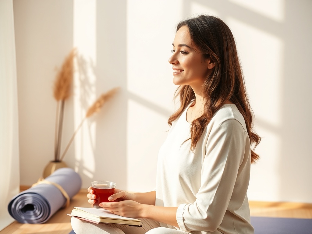 "Serene woman taking a mindful breath" "soft morning light" "minimal cozy room" "tea cup, journal, yoga mat rolled" "calm warm color palette" "gentle smile, relaxed posture"