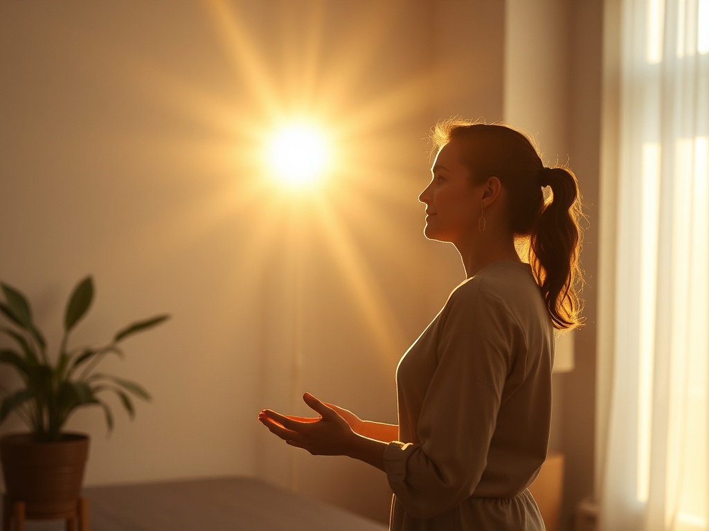 "A serene coach guiding a calm, focused person in a sunlit studio, blending human silhouettes of mind and heart with soft, earthy tones and gentle breathing motion."