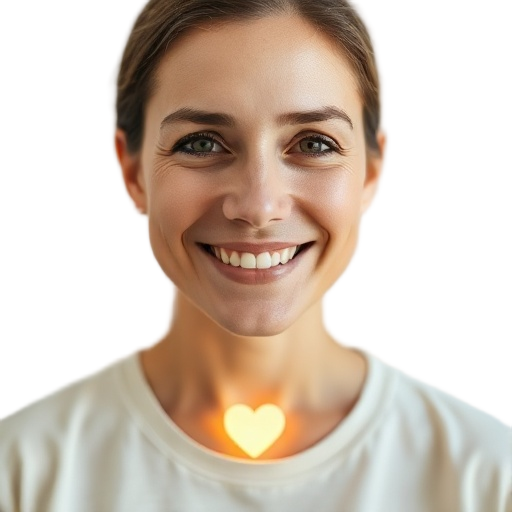 A person smiling to the camera, warm empathetic eyes, gentle relaxed expression, holding a small heart-shaped glow on chest, white background looking like