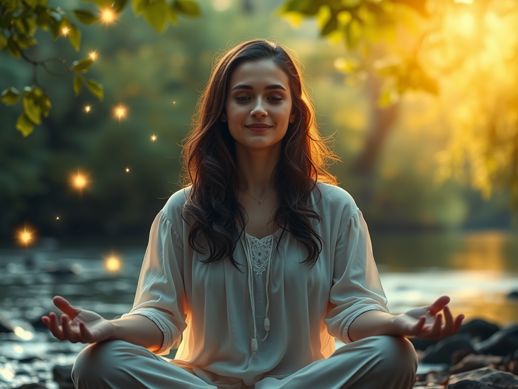 "a serene woman meditating in nature" "glowing stars around her" "soft golden light illuminating peaceful expression" "gentle breeze moving leaves" "calm river flowing nearby" "subtle energy waves surrounding the scene"