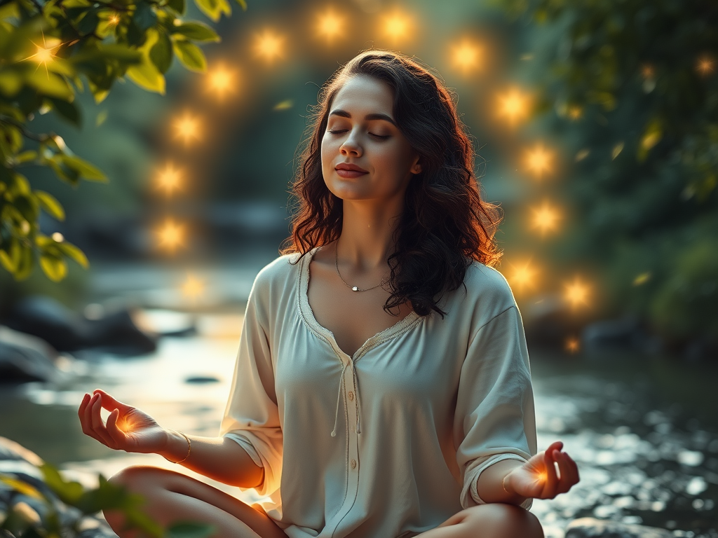 "a serene woman meditating in nature" "glowing stars around her" "soft golden light illuminating peaceful expression" "gentle breeze moving leaves" "calm river flowing nearby" "subtle energy waves surrounding the scene"