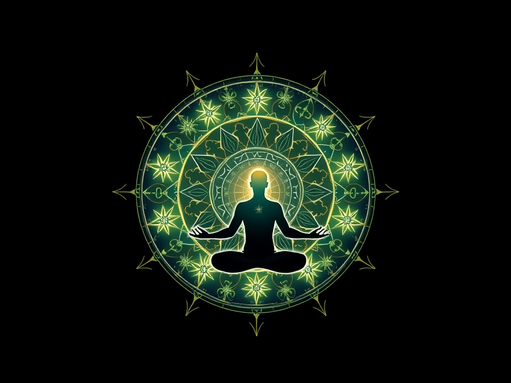 "Ancient Eastern astrology symbols" "Nine glowing stars in a circular pattern" "Natural elements like water, fire, earth, air, metal" "Human silhouette meditating with energy flows" "Harmony between mind, body, environment"