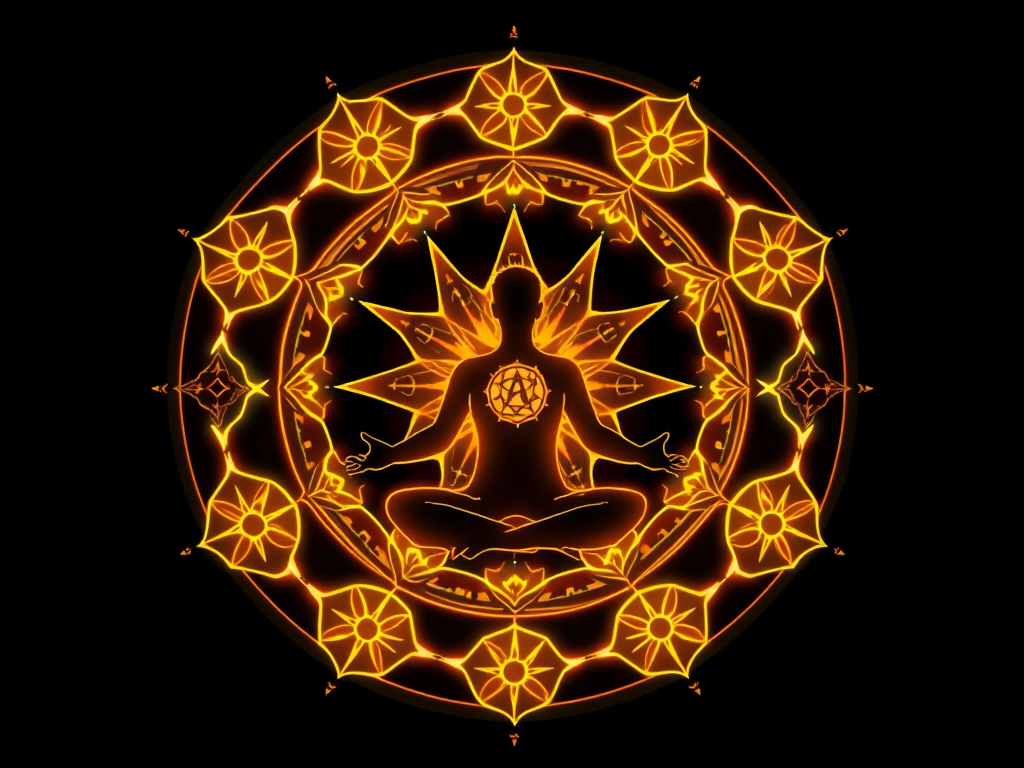 "Ancient Eastern astrology symbols" "Nine glowing stars in a circular pattern" "Natural elements like water, fire, earth, air, metal" "Human silhouette meditating with energy flows" "Harmony between mind, body, environment"