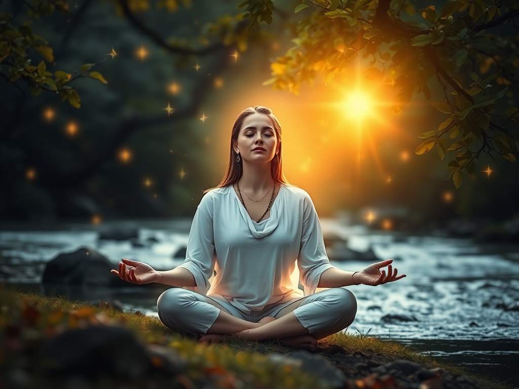 "a serene woman meditating in nature" "glowing stars around her" "soft golden light illuminating peaceful expression" "gentle breeze moving leaves" "calm river flowing nearby" "subtle energy waves surrounding the scene"