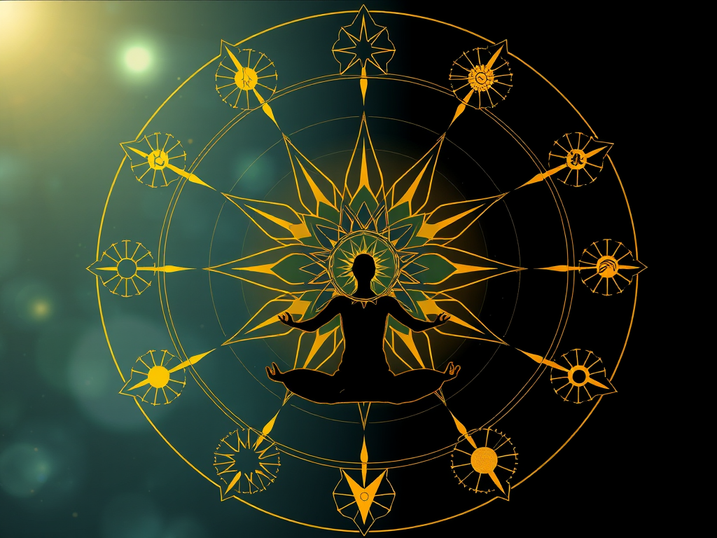 "Ancient Eastern astrology symbols" "Nine glowing stars in a circular pattern" "Natural elements like water, fire, earth, air, metal" "Human silhouette meditating with energy flows" "Harmony between mind, body, environment"