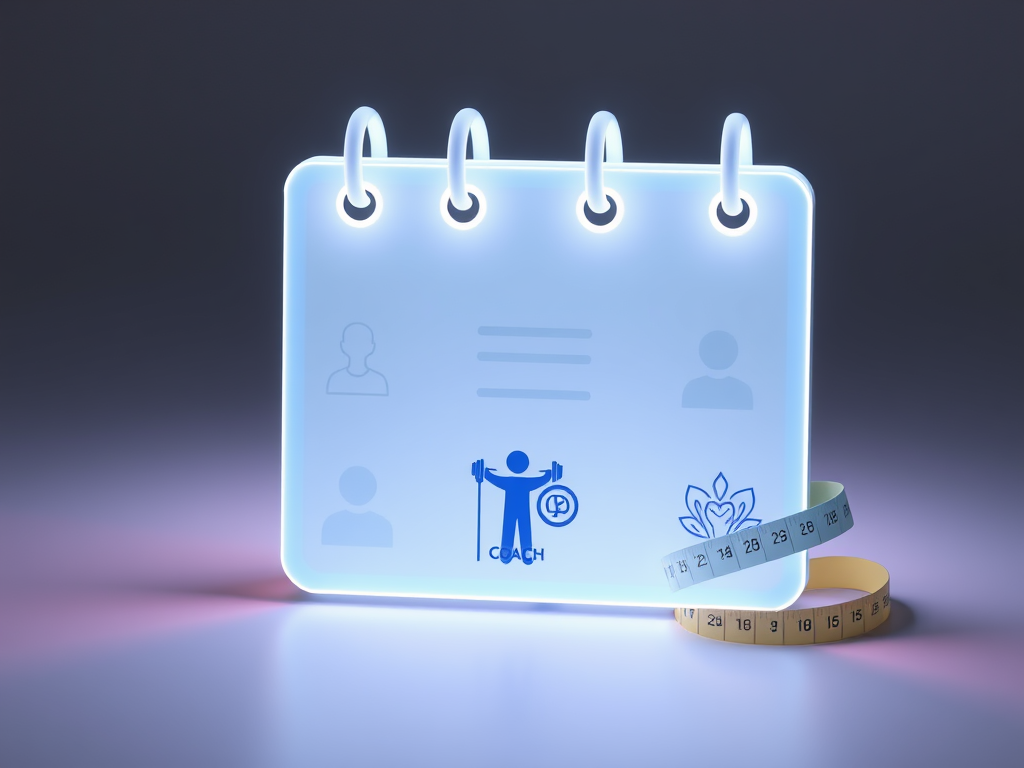 "A glowing calendar page with three sections" "icons symbolizing coaching, nutrition, and body measurements" "person lifting weights, healthy food plate, measuring tape around waist" "soft pastel colors, clean minimalist design"