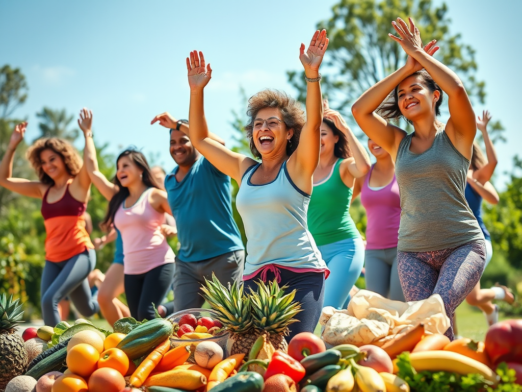 A vibrant, diverse group of people exercising outdoors, surrounded by healthy foods like fruits and vegetables, glowing with vitality and happiness.