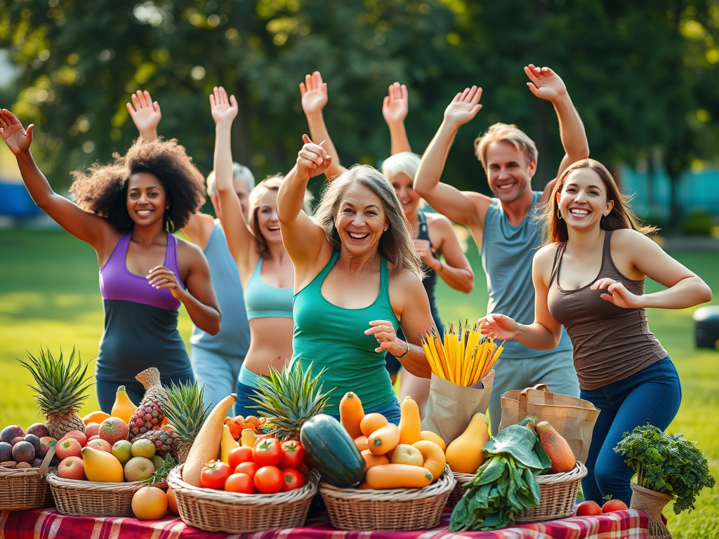 A vibrant, diverse group of people exercising outdoors, surrounded by healthy foods like fruits and vegetables, glowing with vitality and happiness.