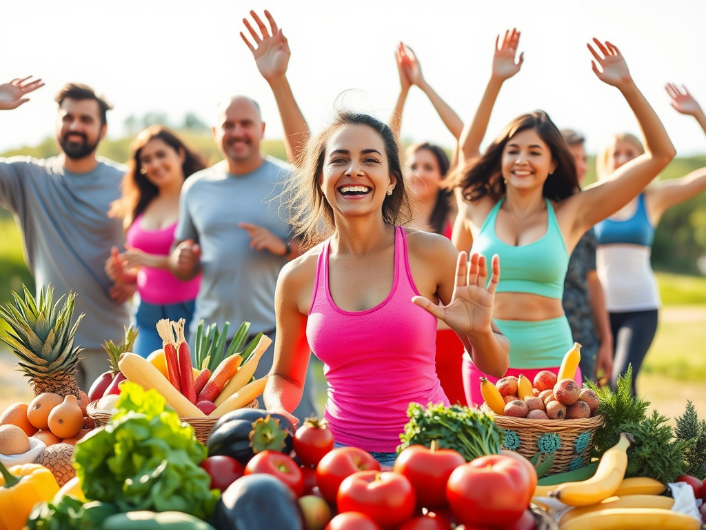 A vibrant, diverse group of people exercising outdoors, surrounded by healthy foods like fruits and vegetables, glowing with vitality and happiness.