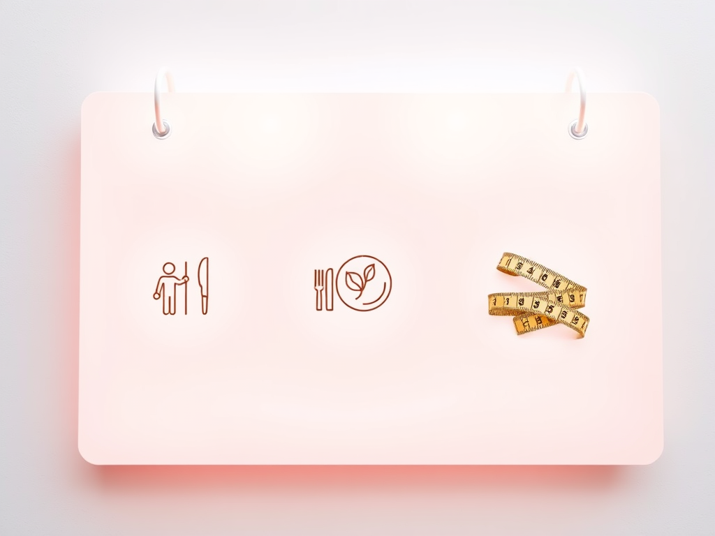 "A glowing calendar page with three sections" "icons symbolizing coaching, nutrition, and body measurements" "person lifting weights, healthy food plate, measuring tape around waist" "soft pastel colors, clean minimalist design"
