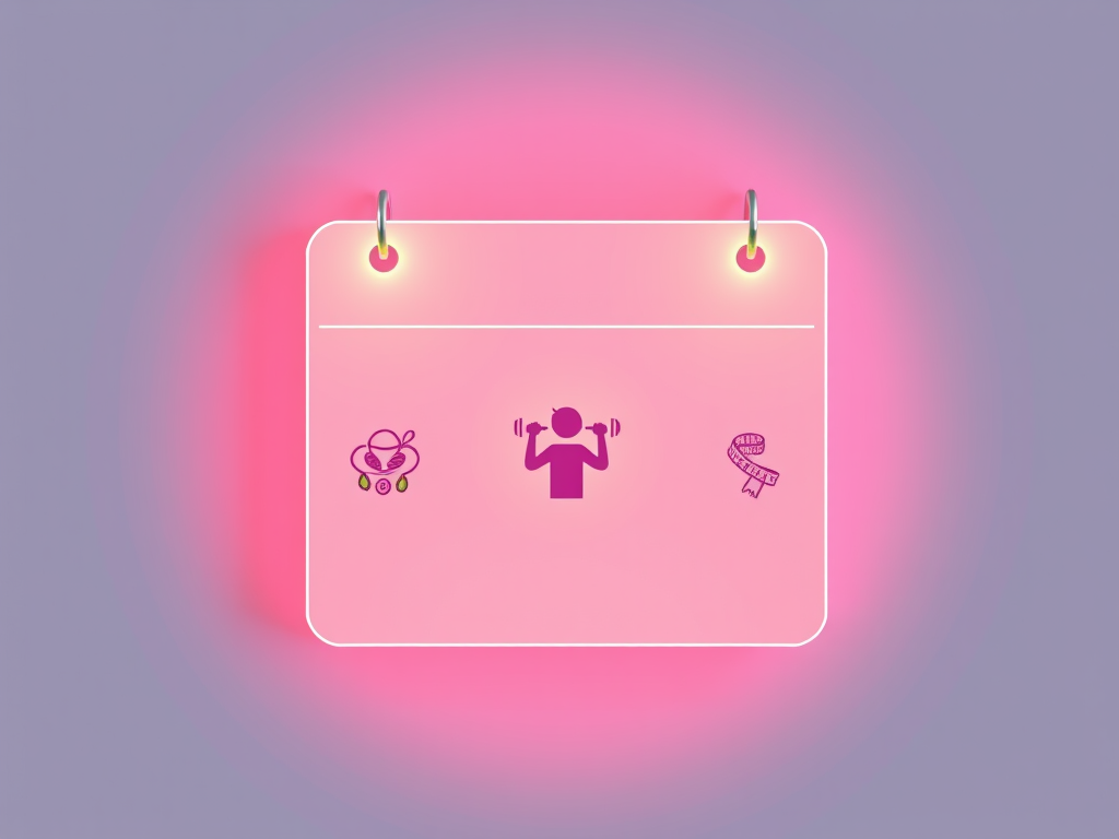 "A glowing calendar page with three sections" "icons symbolizing coaching, nutrition, and body measurements" "person lifting weights, healthy food plate, measuring tape around waist" "soft pastel colors, clean minimalist design"