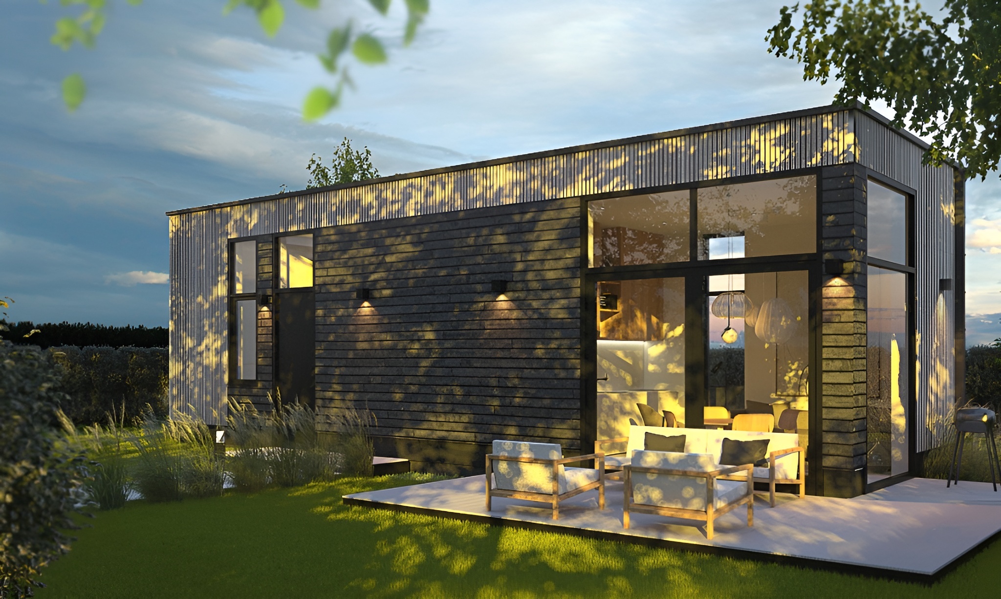Exterieur van de LoftHaus 54, een moderne, duurzame prefab woning met strakke lijnen, grote raampartijen en een stijlvolle houten gevelbekleding. Ideaal voor permanente bewoning, met een perfecte balans tussen design, comfort en natuurbeleving.