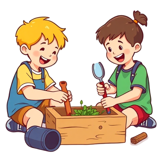 "Children playing" "Nature tasks" "Creative games" "Outdoor fun" "Confidence boost" "Simple materials" "Toolkit box" "Happy kids"