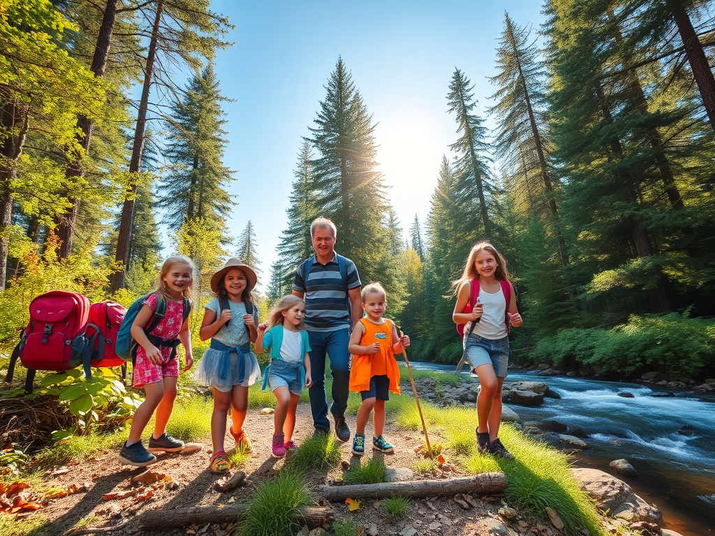 A joyful family outdoors "children playing in lush green forest" "sunlight streaming through tall trees" "colorful backpacks and nature tools" "parents guiding kids on adventure path" "natural elements like leaves, flowers, and stones" "expressions of exc