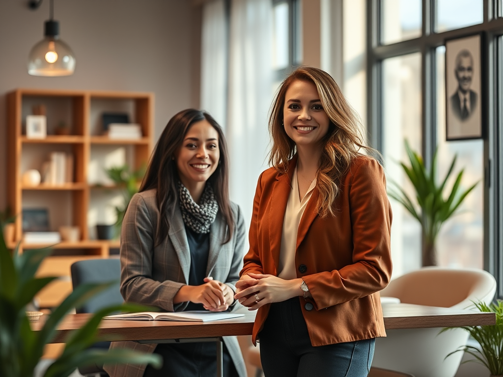 A warm, inviting office scene with "empathetic realtor" helping diverse clients, soft natural light, calming colors, trust and professionalism radiate.