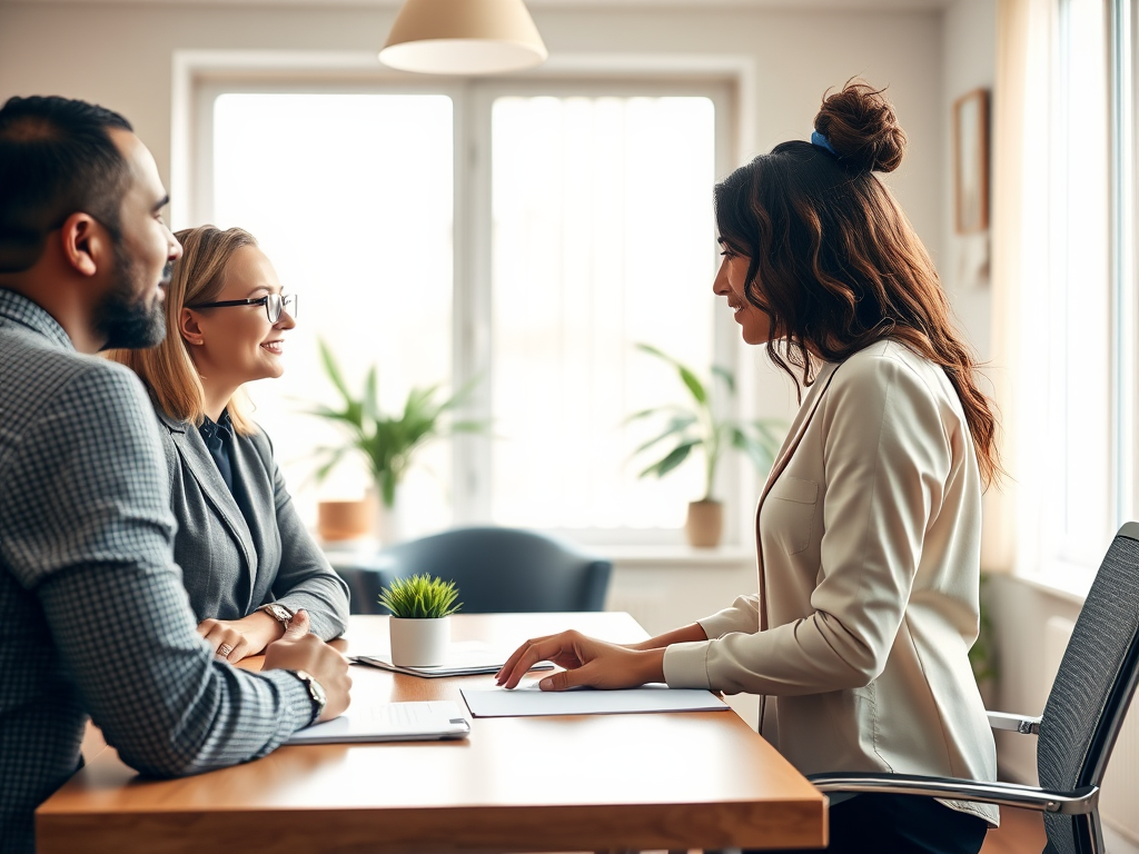 A warm, inviting office scene with "empathetic realtor" helping diverse clients, soft natural light, calming colors, trust and professionalism radiate.