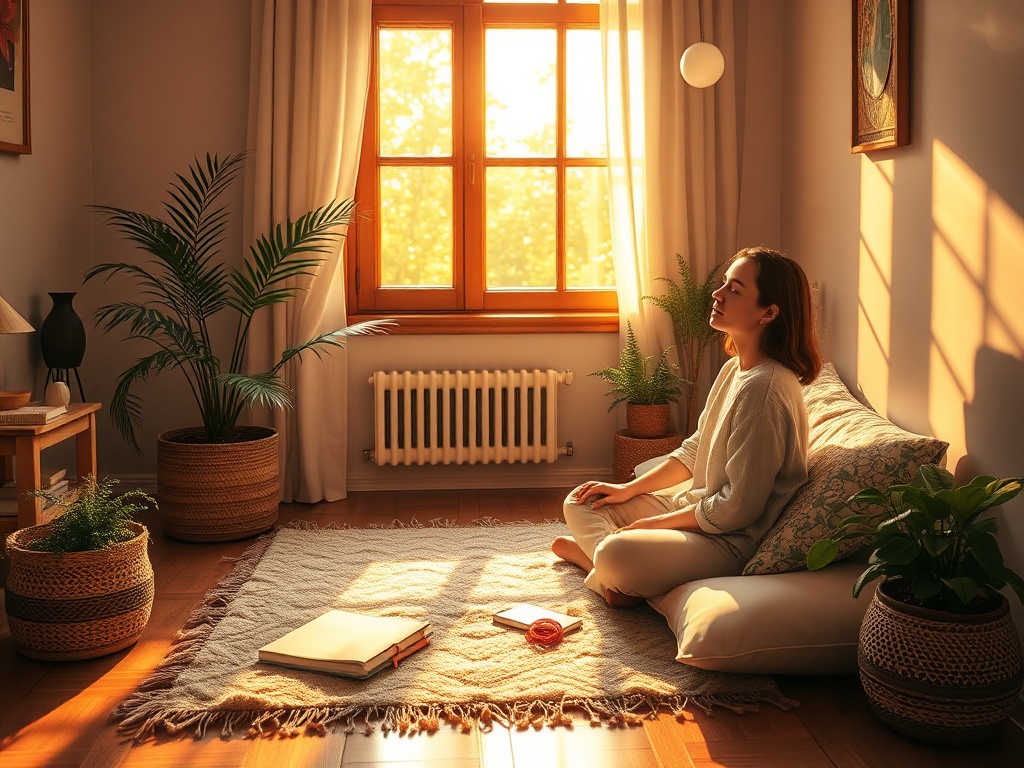 "peaceful therapy room" "soft golden light through window" "woman seated on cushion, eyes closed, serene" "journal and colored thread nearby" "warm plants, wooden floor" "gentle abstract light pattern hovering"