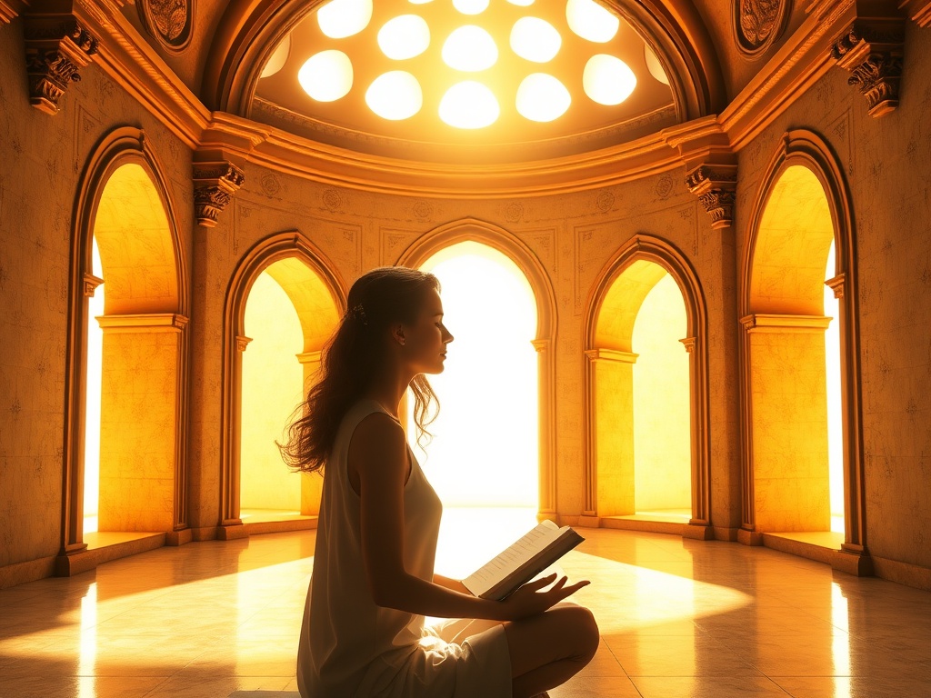 "A serene, sunlit chamber opening onto seven archways, each softly glowing, symbolizing portals of desire; a calm woman meditates, journal in hand, with gentle winds and warm tones."