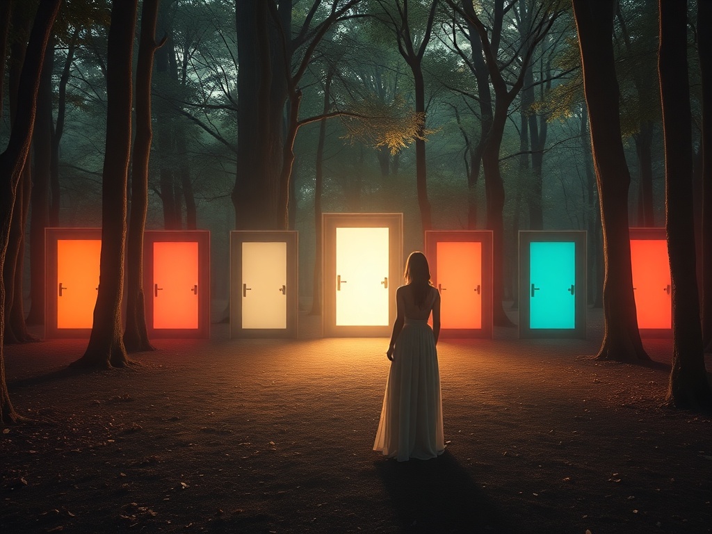 A serene, softly lit scene of a woman in a flowing dress standing before seven illuminated doorways in a tranquil forest, each doorway glowing with a different hue, conveying inner awakening and gentle guidance. Use warm, comforting tones and subtle textu