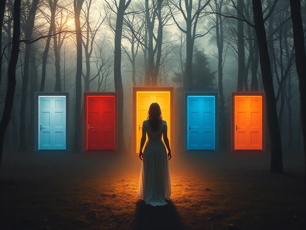 A serene, softly lit scene of a woman in a flowing dress standing before seven illuminated doorways in a tranquil forest, each doorway glowing with a different hue, conveying inner awakening and gentle guidance. Use warm, comforting tones and subtle textu