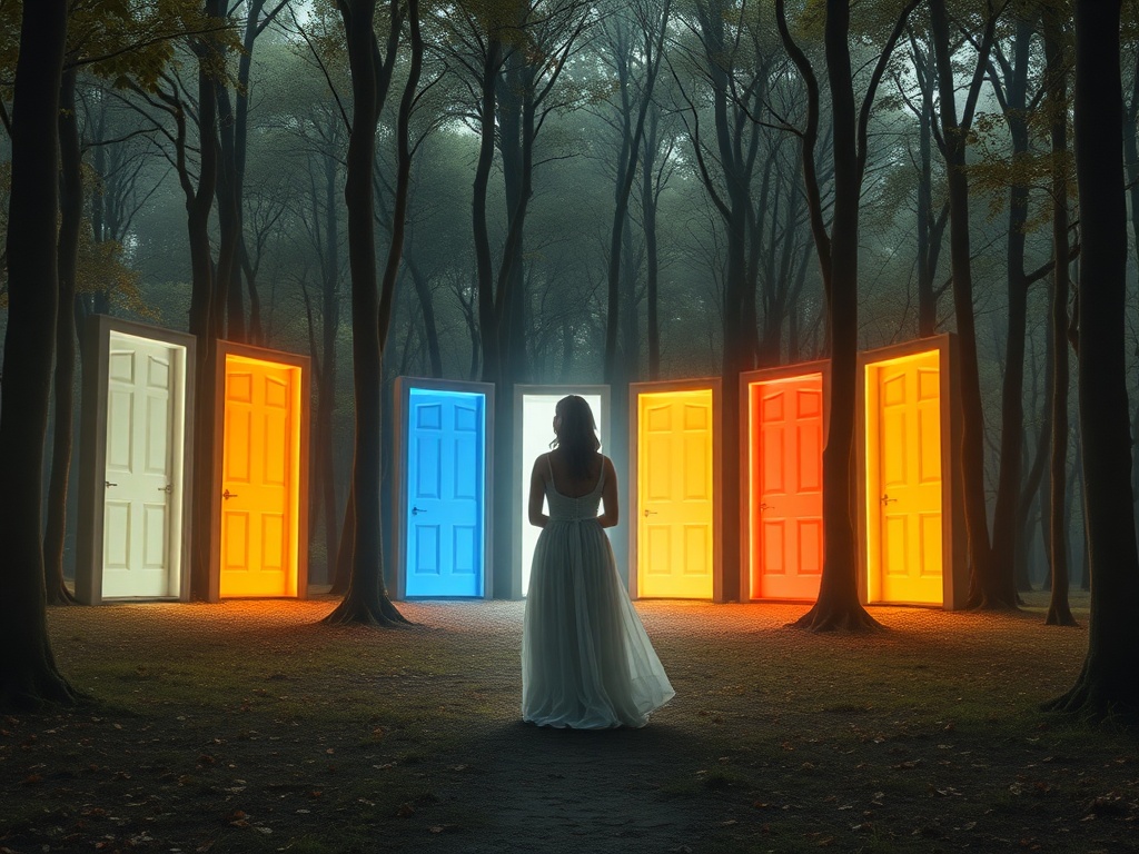 A serene, softly lit scene of a woman in a flowing dress standing before seven illuminated doorways in a tranquil forest, each doorway glowing with a different hue, conveying inner awakening and gentle guidance. Use warm, comforting tones and subtle textu