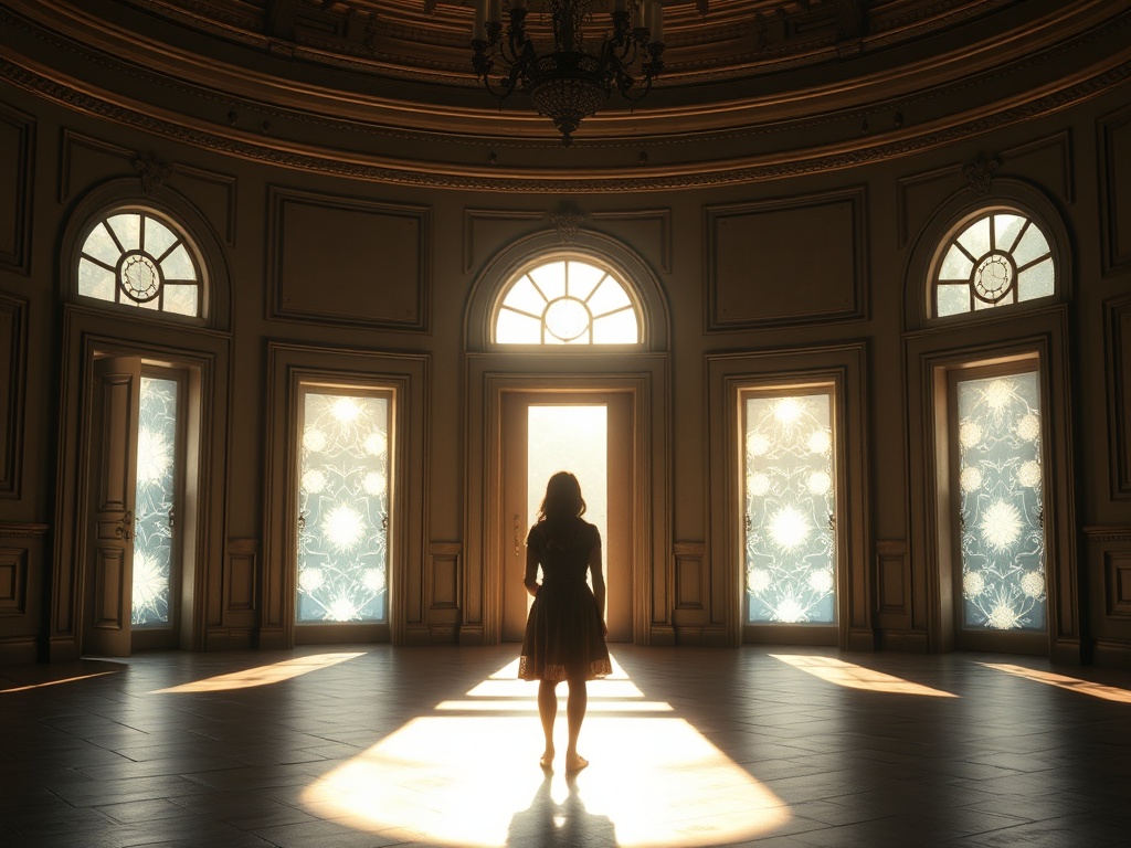 "A serene, sunlit room where a thoughtful woman stands before seven glowing doorways, each shimmering with subtle symbols of desire, guidance, and growth."