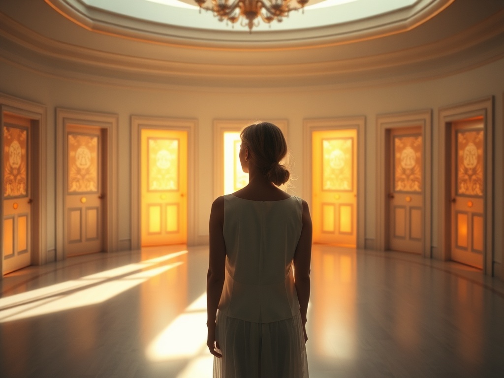 "A serene, sunlit room where a thoughtful woman stands before seven glowing doorways, each shimmering with subtle symbols of desire, guidance, and growth."
