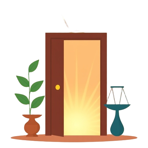 "open door" "radiant light" "human figure" "growth leaves" "energy waves" "balanced scales"