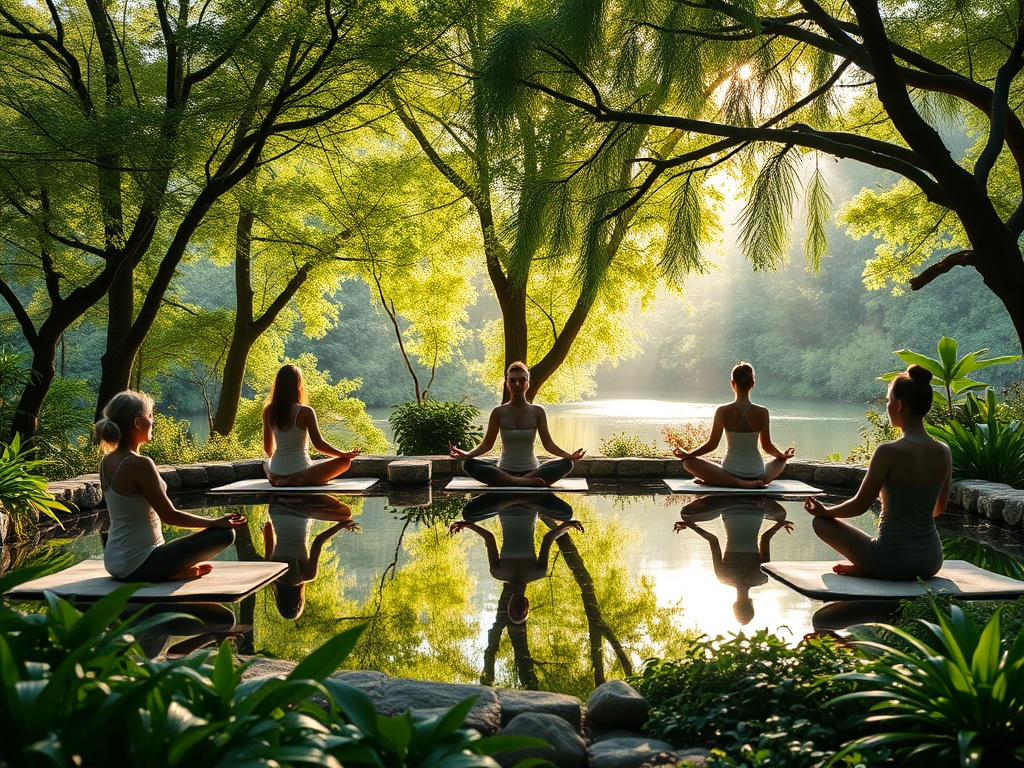 A serene wellness retreat setting with "calm individuals meditating", "soft natural light filtering through trees", "peaceful water reflections", "gentle yoga poses in a lush garden".