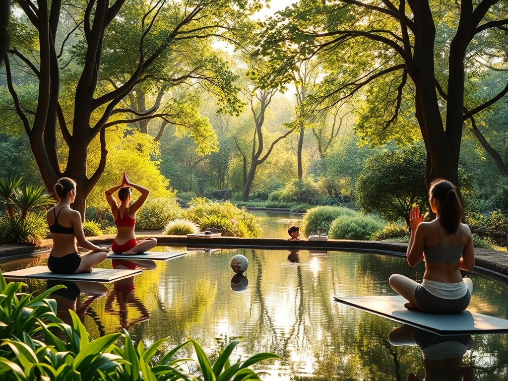 A serene wellness retreat setting with "calm individuals meditating", "soft natural light filtering through trees", "peaceful water reflections", "gentle yoga poses in a lush garden".