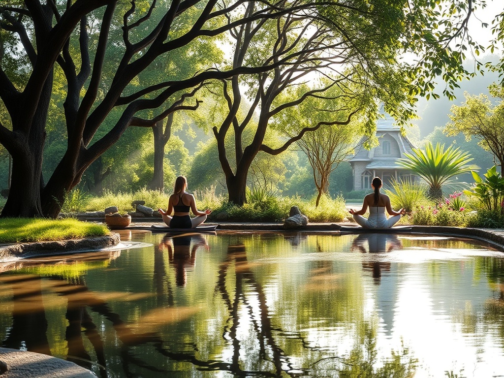 A serene wellness retreat setting with "calm individuals meditating", "soft natural light filtering through trees", "peaceful water reflections", "gentle yoga poses in a lush garden".