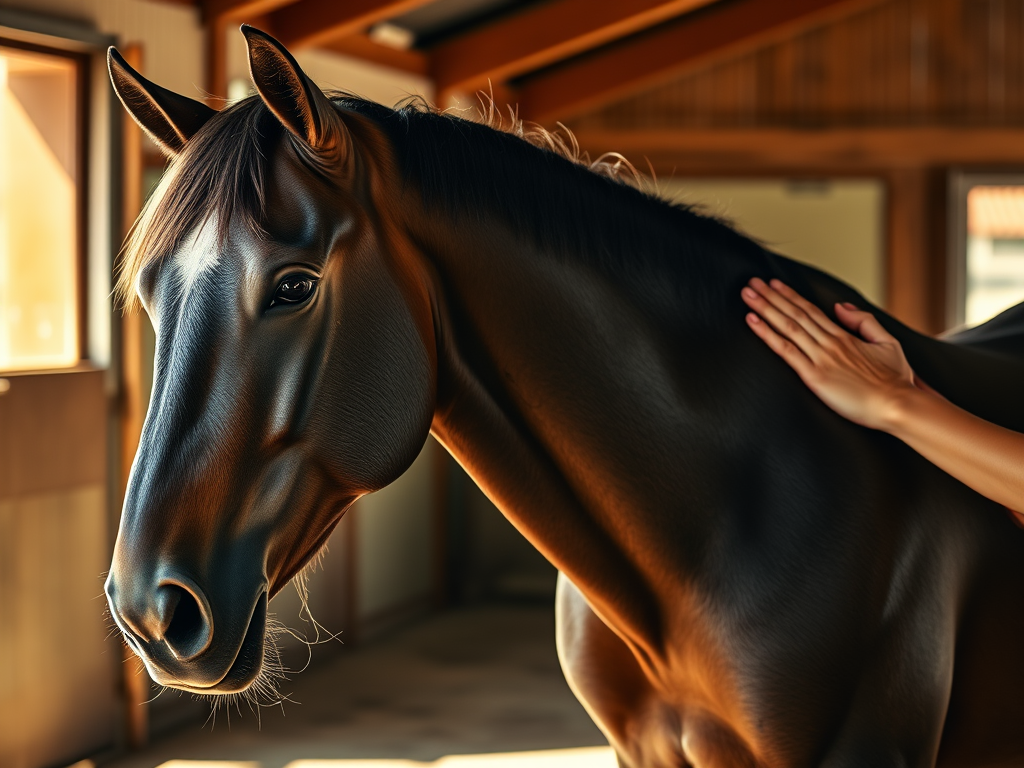 "A serene horse standing calmly in a sunlit stable" "hands gently massaging the horse's neck and shoulder" "soft light highlighting relaxed muscles and peaceful expression" "natural, warm tones emphasizing care and healing atmosphere"
