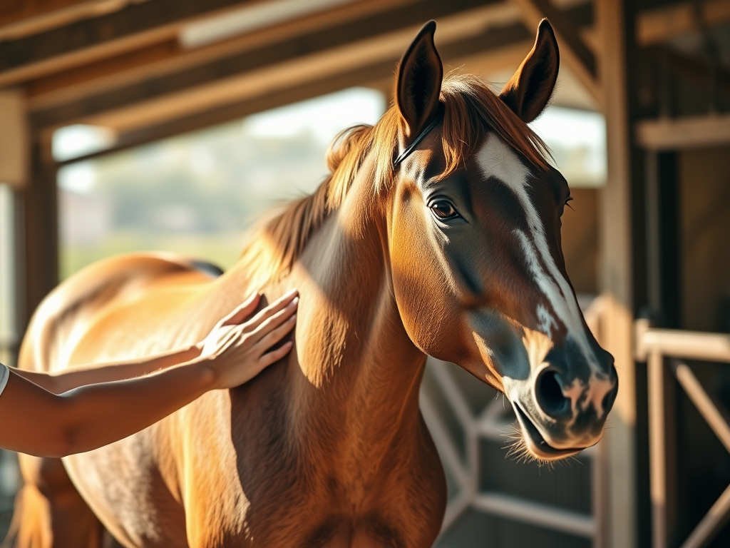 "A serene horse standing calmly in a sunlit stable" "hands gently massaging the horse's neck and shoulder" "soft light highlighting relaxed muscles and peaceful expression" "natural, warm tones emphasizing care and healing atmosphere"