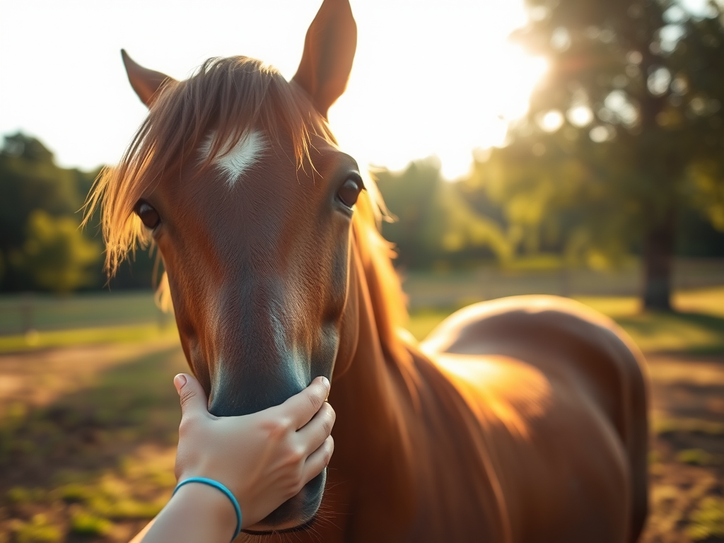 "A serene horse in a sunlit paddock" "a gentle hand softly touching its neck" "calm, natural surroundings with lush greenery" "warm, golden light highlighting peaceful connection" "subtle motion suggesting improved comfort and ease"