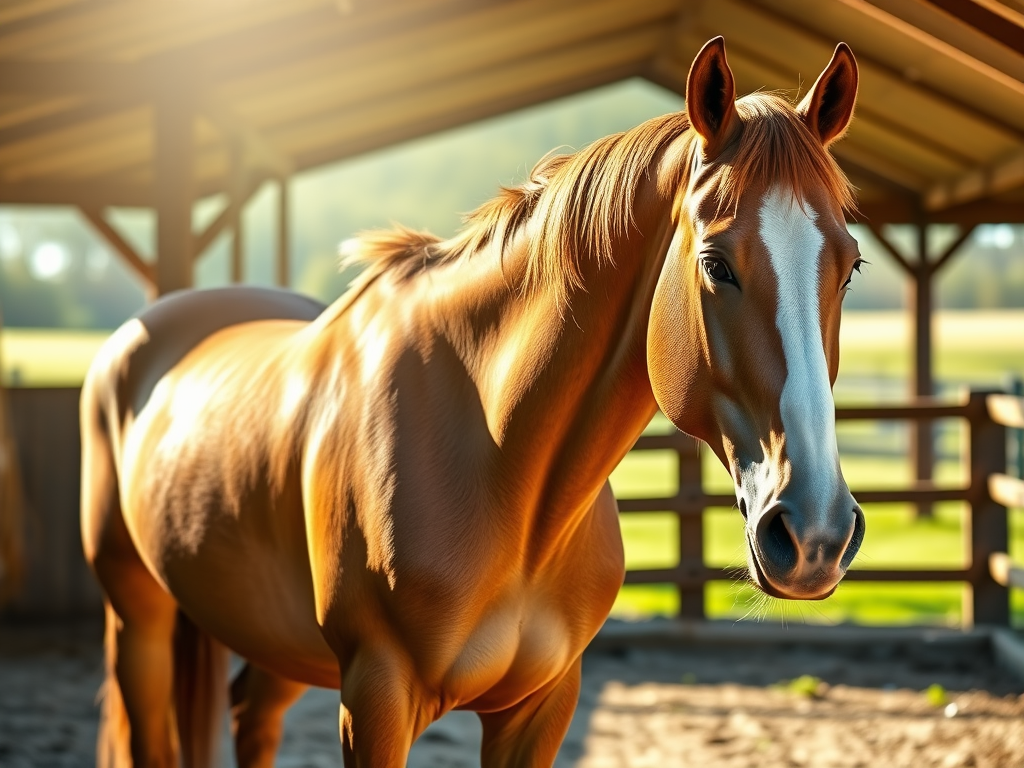 "A calm horse standing in a sunlit stable" "hands gently massaging the horse’s muscular neck and shoulder" "soft glowing light highlighting smooth skin and relaxed posture" "natural, serene farm background with green pastures and wooden fences"