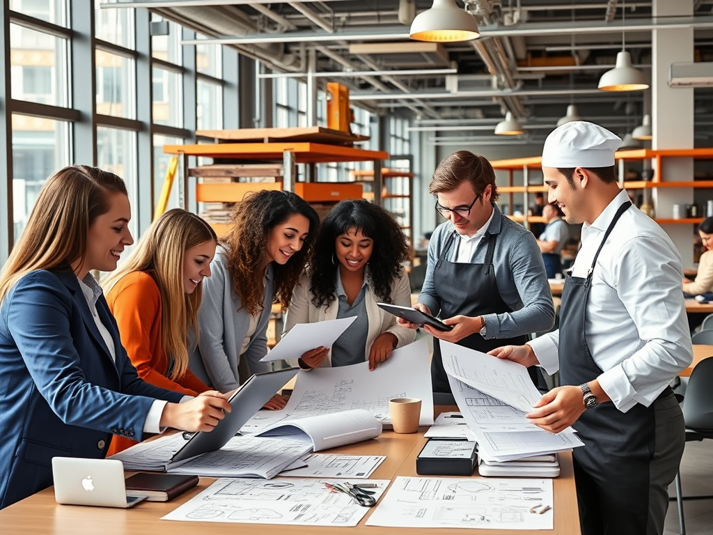 "modern office workspace" "diverse professionals collaborating" "blueprints and digital tablets" "construction site in background" "restaurant chef and waiter coordinating" "flowcharts and data graphs" "bright, organized, efficient atmosphere"