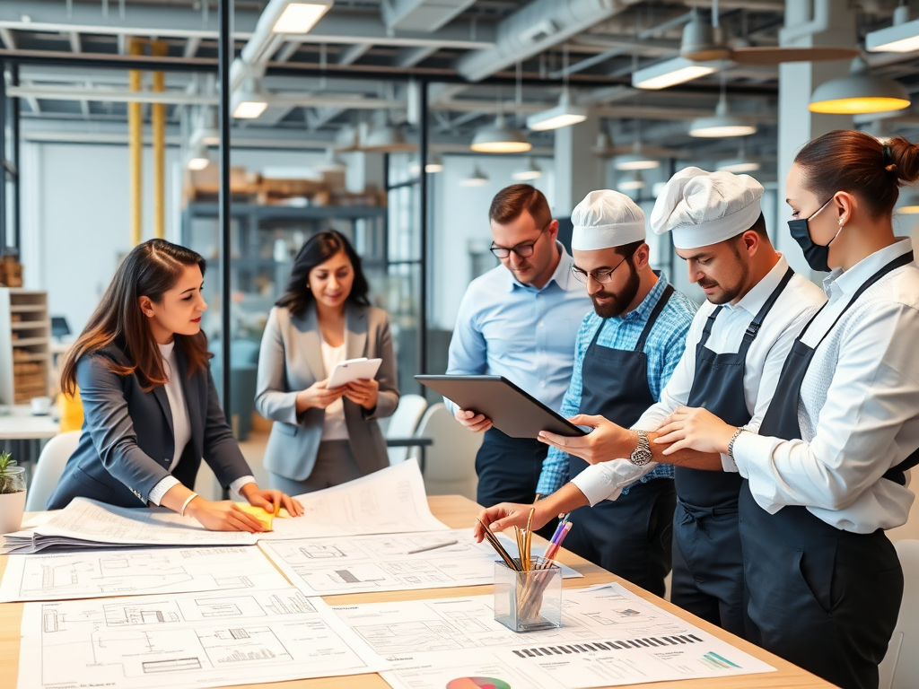 "modern office workspace" "diverse professionals collaborating" "blueprints and digital tablets" "construction site in background" "restaurant chef and waiter coordinating" "flowcharts and data graphs" "bright, organized, efficient atmosphere"