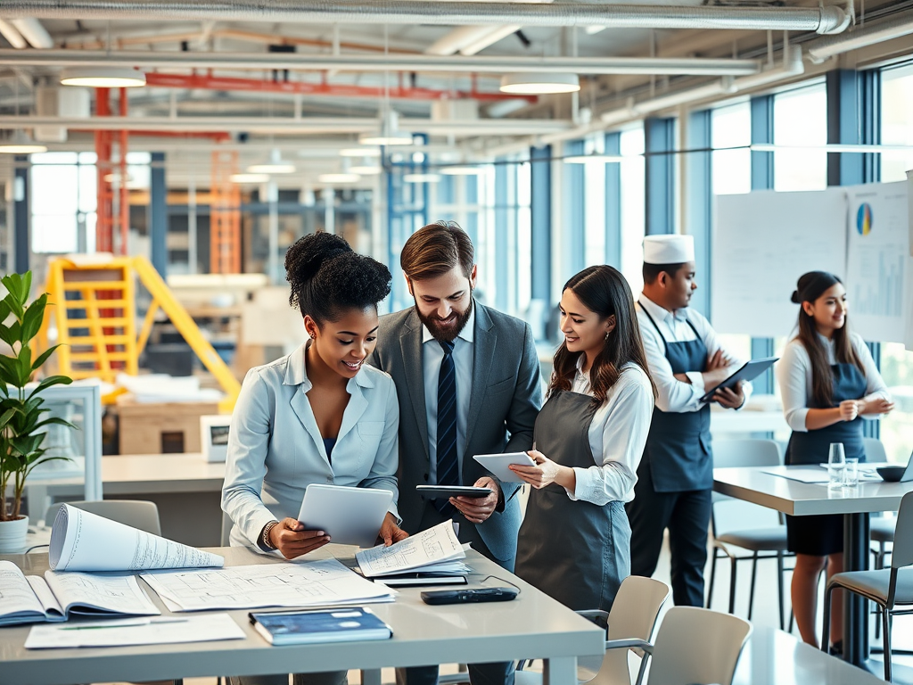"modern office workspace" "diverse professionals collaborating" "blueprints and digital tablets" "construction site in background" "restaurant chef and waiter coordinating" "flowcharts and data graphs" "bright, organized, efficient atmosphere"