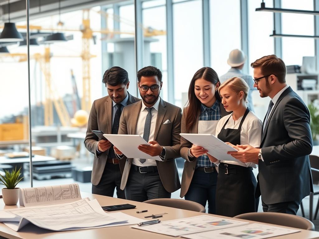 "modern office workspace" "diverse professionals collaborating" "blueprints and digital tablets" "construction site in background" "restaurant chef and waiter coordinating" "flowcharts and data graphs" "bright, organized, efficient atmosphere"